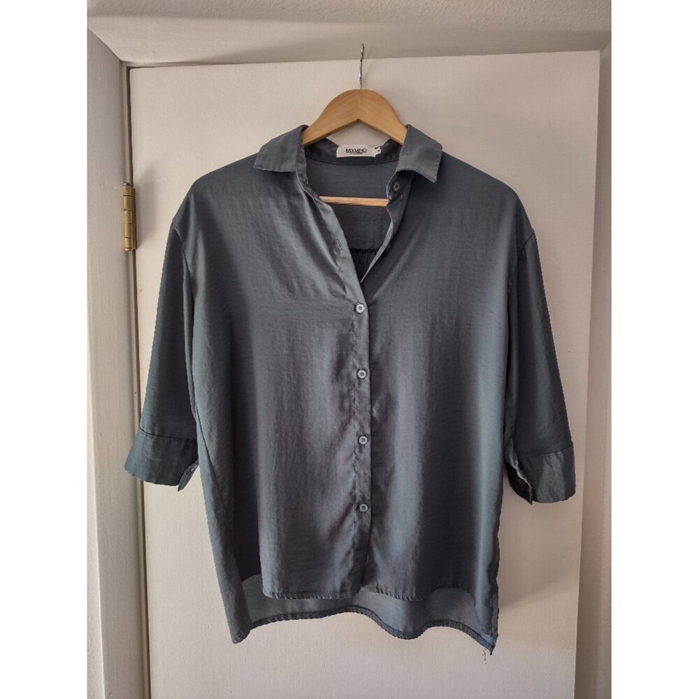 MixMind Women's Medium Gray Satin Button Front Blouse 3/4 Sleeve